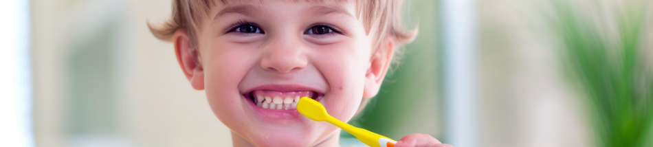 Criança escovando os dentes com uma escova colorida, demonstrando o uso correto de pasta com flúor, destacando a importância de cuidados odontológicos desde a infância.