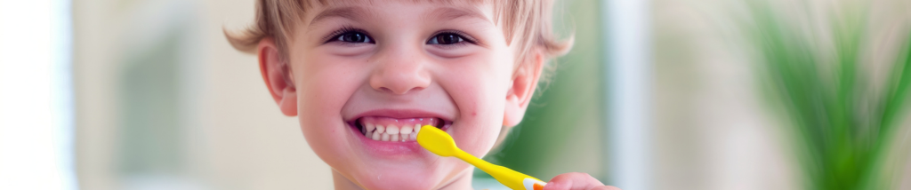 Criança escovando os dentes com uma escova colorida, demonstrando o uso correto de pasta com flúor, destacando a importância de cuidados odontológicos desde a infância.