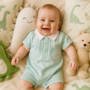 MACACÃO CURTO VERDE BEBÊ MENINO MALHA SUEDINE PIMA