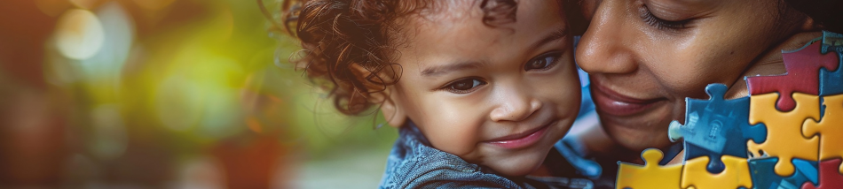 Mãe abraçando criança com peças de quebra-cabeça coloridas em campanha de conscientização sobre autismo e saúde mental materna