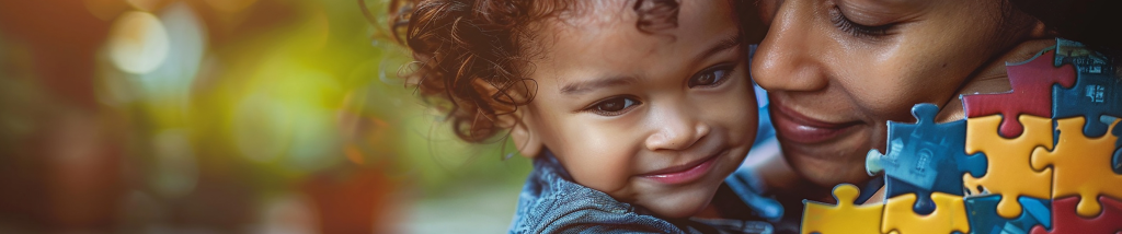 Mãe abraçando criança com peças de quebra-cabeça coloridas em campanha de conscientização sobre autismo e saúde mental materna