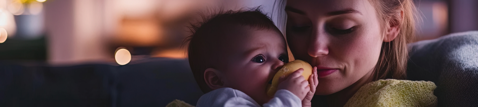 mãe segurando bebê no colo representando cuidado com saúde infantil e preocupação com nanoplásticos no ambiente