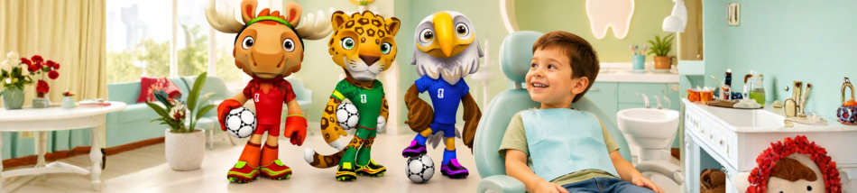 Criança sorrindo no consultório odontopediátrico com os mascotes da Copa do Mundo 2026, incentivando uma experiência positiva no dentista infantil.