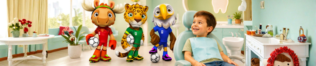 Criança sorrindo no consultório odontopediátrico com os mascotes da Copa do Mundo 2026, incentivando uma experiência positiva no dentista infantil.