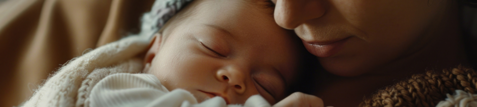Close acolhedor de uma mãe encostando suavemente o rosto em seu bebê recém-nascido que dorme coberto por uma manta de tricô premium, representando os sentimentos e a adaptação à maternidade real.