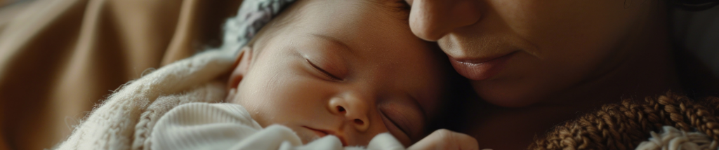 Close acolhedor de uma mãe encostando suavemente o rosto em seu bebê recém-nascido que dorme coberto por uma manta de tricô premium, representando os sentimentos e a adaptação à maternidade real.