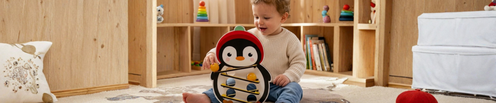 Criança de 1 a 3 anos brincando com brinquedos educativos sem telas durante atividade de desenvolvimento infantil
