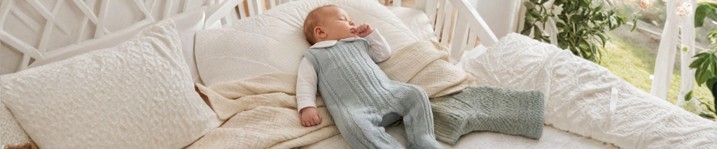 Bebê dormindo confortavelmente em berço usando roupa de inverno em tecido macio e respirável.