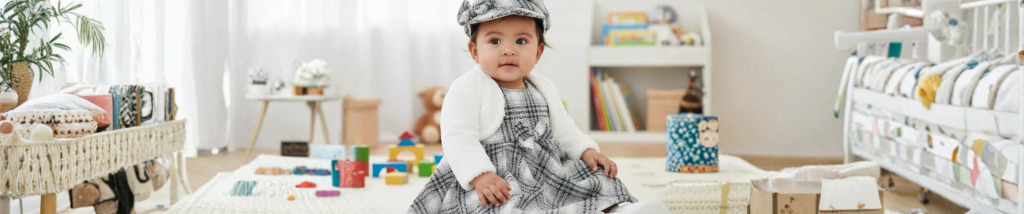 bebê usando look elegante para aniversário de 1 ano em ambiente infantil