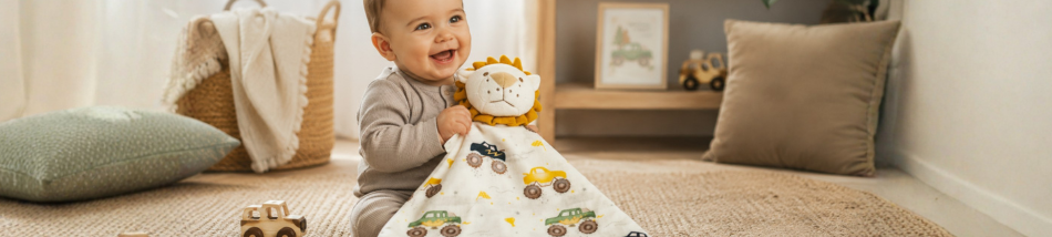 Bebê sorridente sentado no tapete do quarto segurando uma naninha de leão com estampa de carrinhos, usada como objeto de apego e transição.
