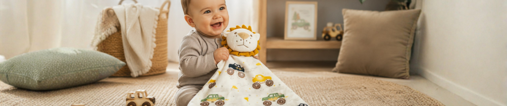 Bebê sorridente sentado no tapete do quarto segurando uma naninha de leão com estampa de carrinhos, usada como objeto de apego e transição.