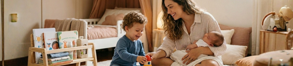 Mãe segurando um bebê recém-nascido enquanto uma criança pequena brinca em um quarto infantil com livros e brinquedos, representando conforto, desenvolvimento e infância.