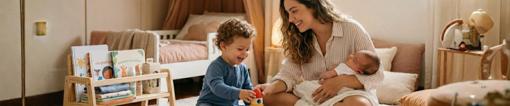 Mãe segurando um bebê recém-nascido enquanto uma criança pequena brinca em um quarto infantil com livros e brinquedos, representando conforto, desenvolvimento e infância.
