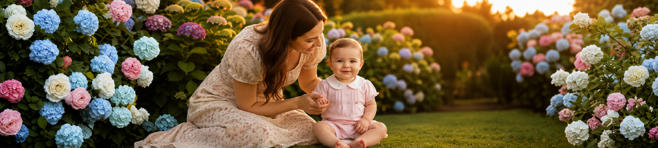 Mãe com bebê em jardim florido durante a primavera