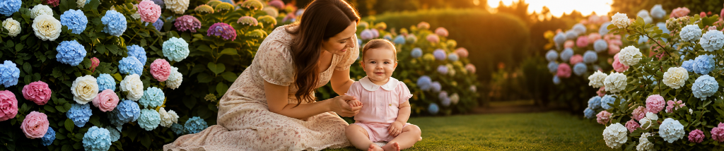 Mãe com bebê em jardim florido durante a primavera