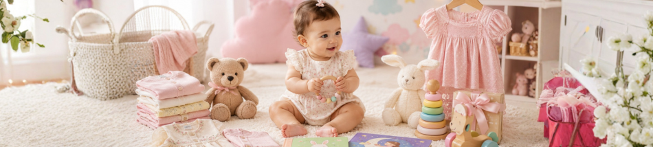 Bebê cercado por roupas, livros e brinquedos como opções de presente para diferentes fases
