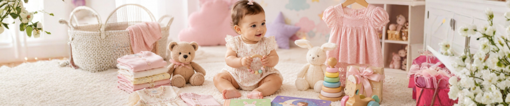 Bebê cercado por roupas, livros e brinquedos como opções de presente para diferentes fases