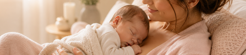 Mãe segurando bebê recém-nascido no colo durante um momento de descanso e acolhimento nos primeiros meses de vida.
