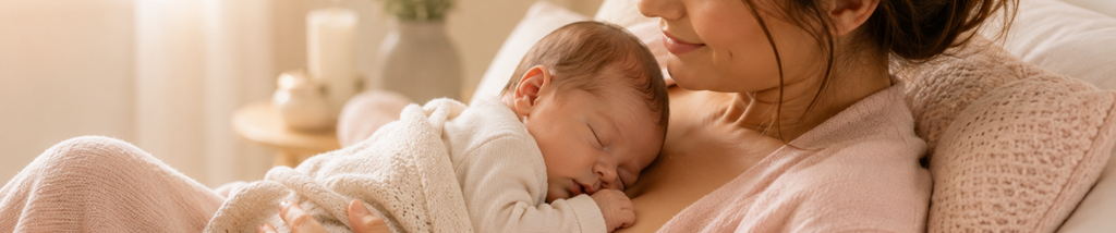 Mãe segurando bebê recém-nascido no colo durante um momento de descanso e acolhimento nos primeiros meses de vida.
